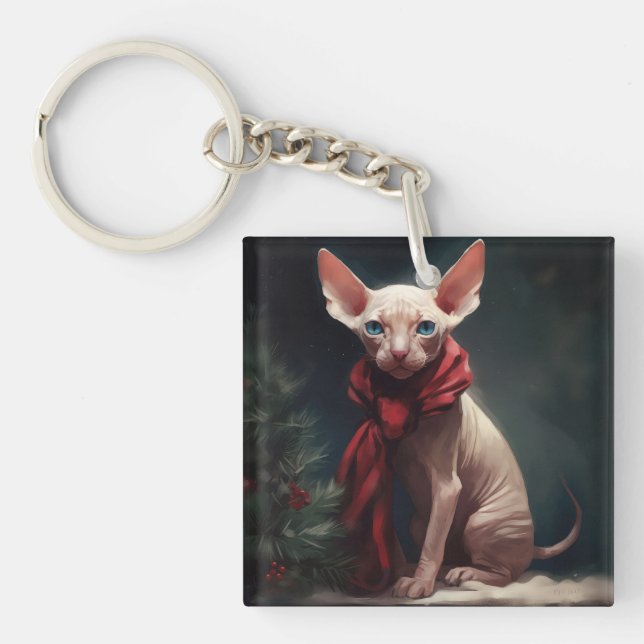 Porte-clefs Chien Sphynx dans la neige de Noël (Devant)