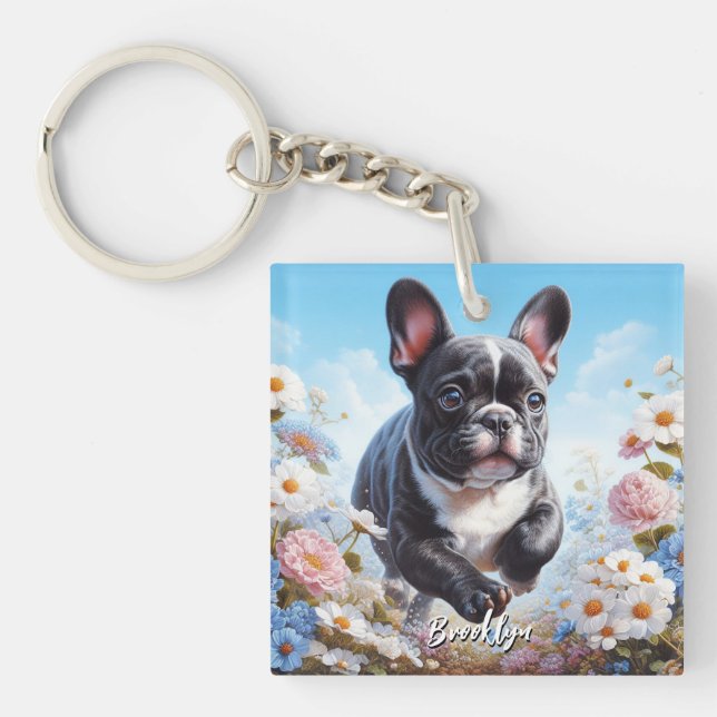 Porte-clefs Chien-taureaux et fleurs français noir et blanc (Devant)
