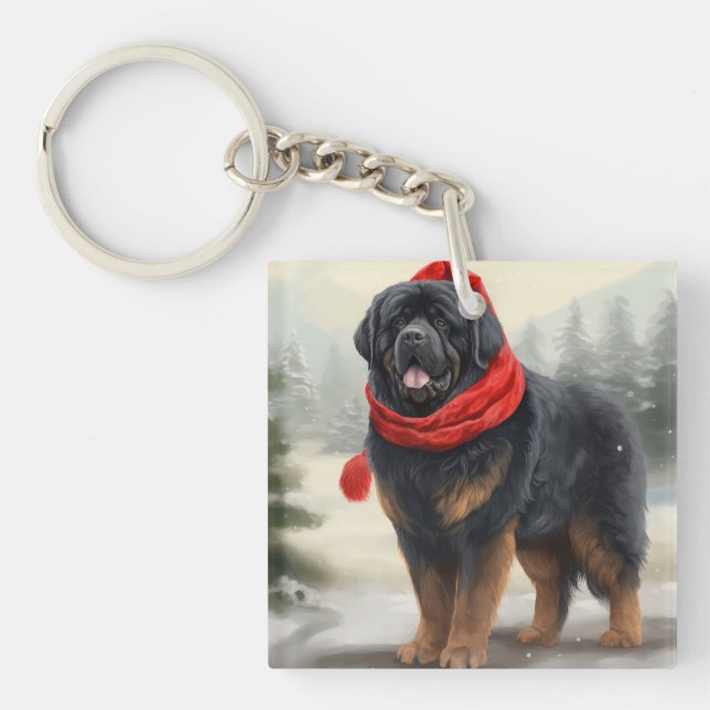 Porte-clefs Chien tibétain mastiff à Noël de neige (Devant)