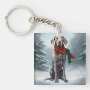 Porte-clefs Chien Weimaraner dans la neige de Noël
