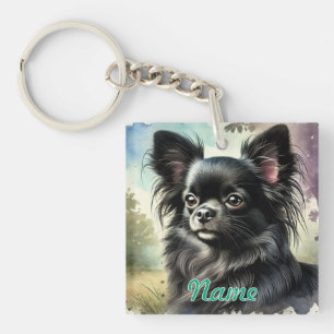 Porte-clefs Chihuahua noir à long haïre en aquarelle