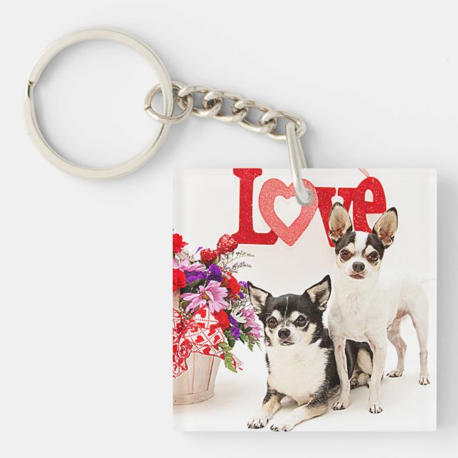 Porte-clefs Chihuahua's, Fleurs et Amour (Devant)