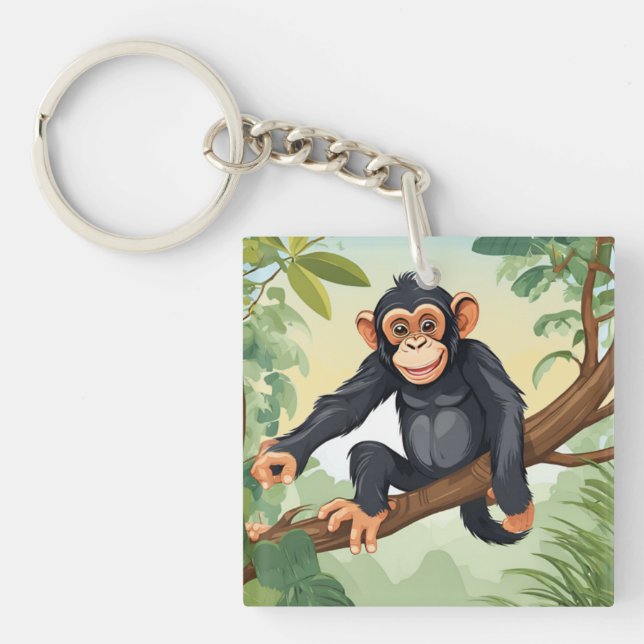 Porte-clefs Chimpanzée avec sa mignonne queue sur la branche s (Devant)