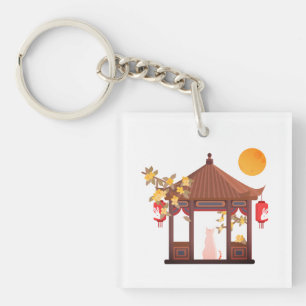 Porte-clefs Chine Mi-Automne Lune - Chat dans Pavil traditionn