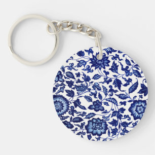 Porte-clefs Chinois bleu marine foncé motif floral sur blanc