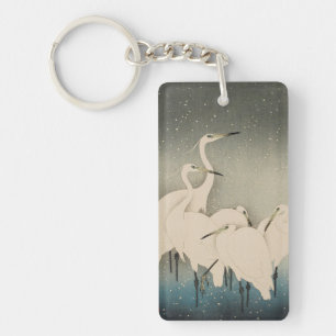 Porte-clefs Chinoiserie Aigrette Blanche Motif Neige d'Hiver