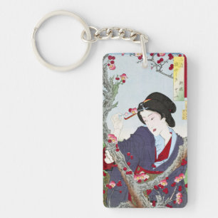 Porte-clefs Chinoiserie Dame japonaise et fleur de cerisier ro