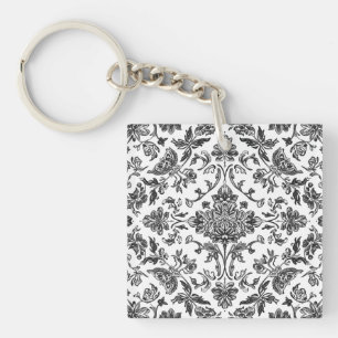 Porte-clefs Chinoiserie Florale Aquarelle Noir & Blanc