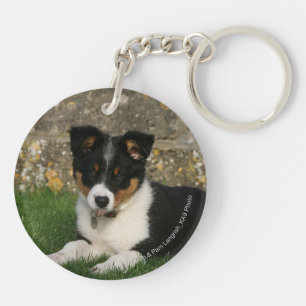 Porte-clefs Chiot de border collie avec la feuille dans la