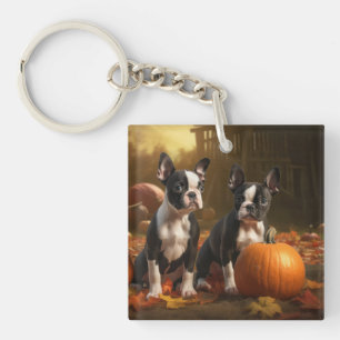 Porte-clefs Chiots Boston Terrier Automne Délice Citrouille