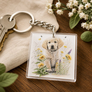 Porte-clefs Chiots Golden Retriever personnalisés et fleurs