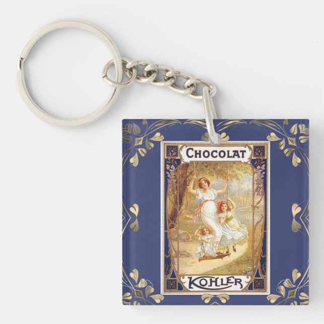 Porte-clefs chocolat victorien étiquette floral élégant or ble (Devant)