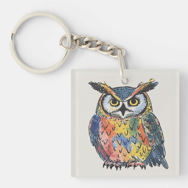 Porte-clefs Chouette aquarelle colorée (Devant)