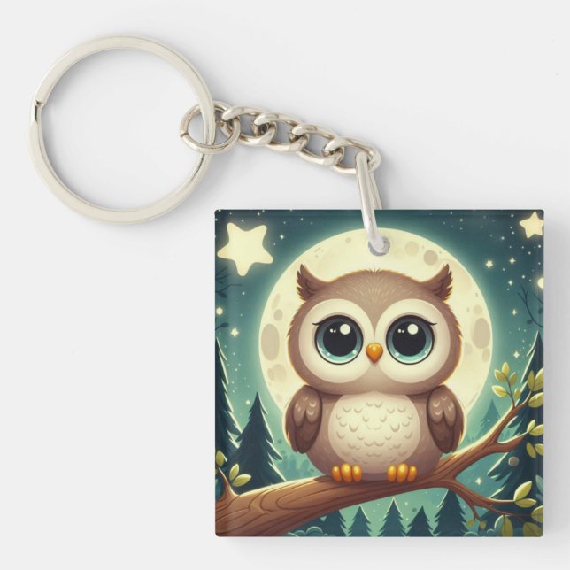 Porte-clefs Chouette bébé la nuit avec lune (Devant)