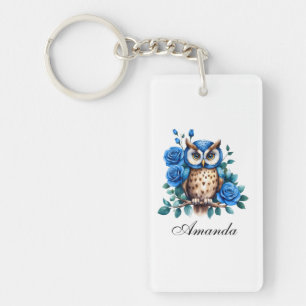 Porte-clefs Chouette bleu aquarelle et Rose