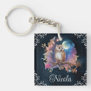 Porte-clefs Chouette de fantaisie céleste à l'aquarelle vintag