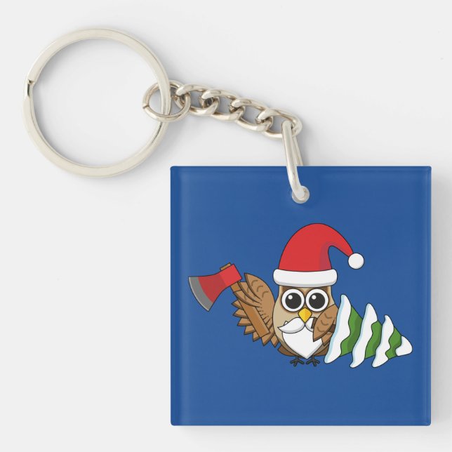 Porte-clefs Chouette de Noël avec renard et pin (Devant)
