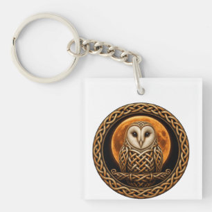 Porte-clefs Chouette effraie à nœud celtique sous la lune de l