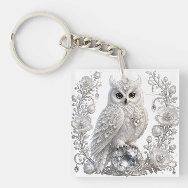 Porte-clefs Chouette Perle de Cristal Blanc (Devant)
