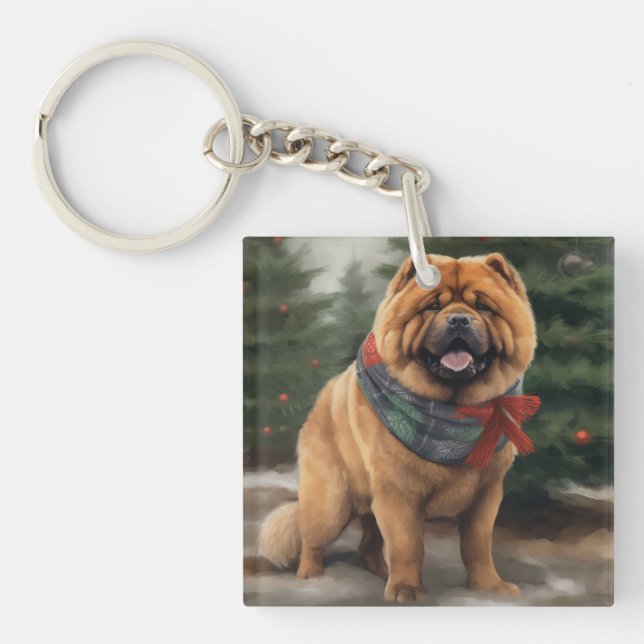 Porte-clefs Chow Chow Chien de Noël en neige (Devant)