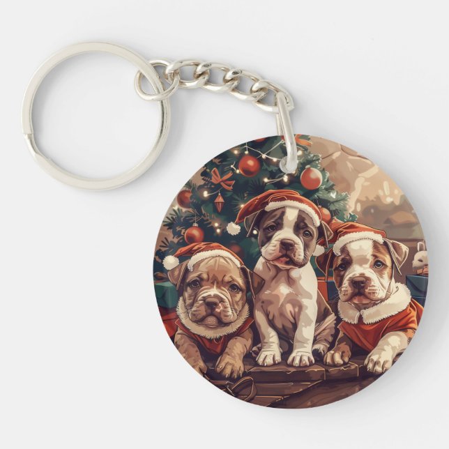 Porte-clefs Christmas Pit Bull Puppy Dogs (Devant)