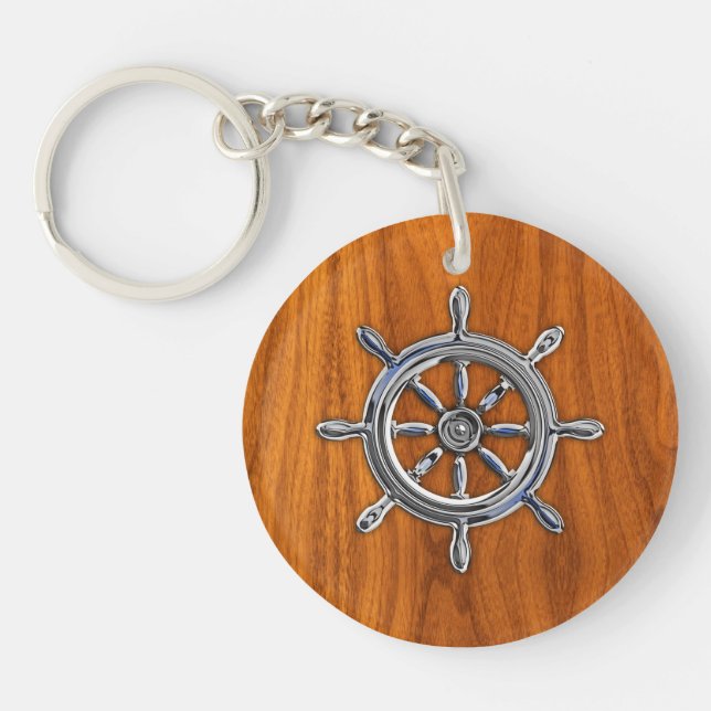 Porte-clefs Chrome style Nautical Wheel on Teak (Devant)