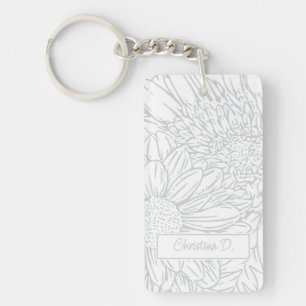 Porte-clefs Chrysanthèmes Gris Clair sur Fond Blanc avec Photo