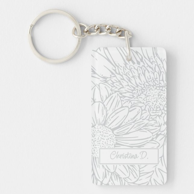 Porte-clefs Chrysanthèmes Gris Clair sur Fond Blanc avec Photo (Devant)