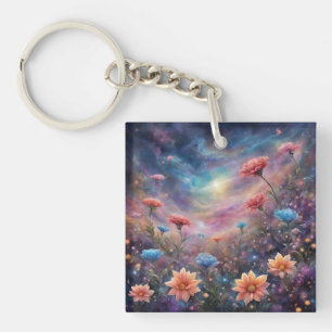 Porte-clefs Ciel cosmique avec fleurs d'imaginaire