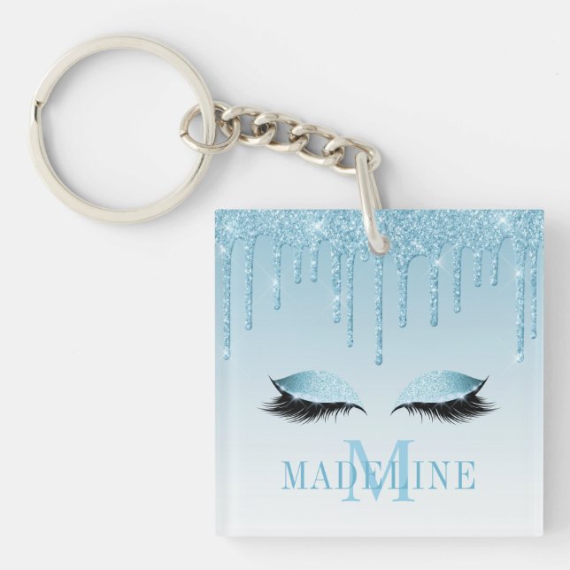 Porte-clefs Cils Pailletés Bleus de Mode Monogramme (Devant)