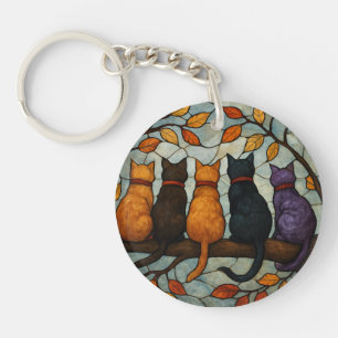 Porte-clefs Cinq chats sur une branche d'arbre de style vitrai