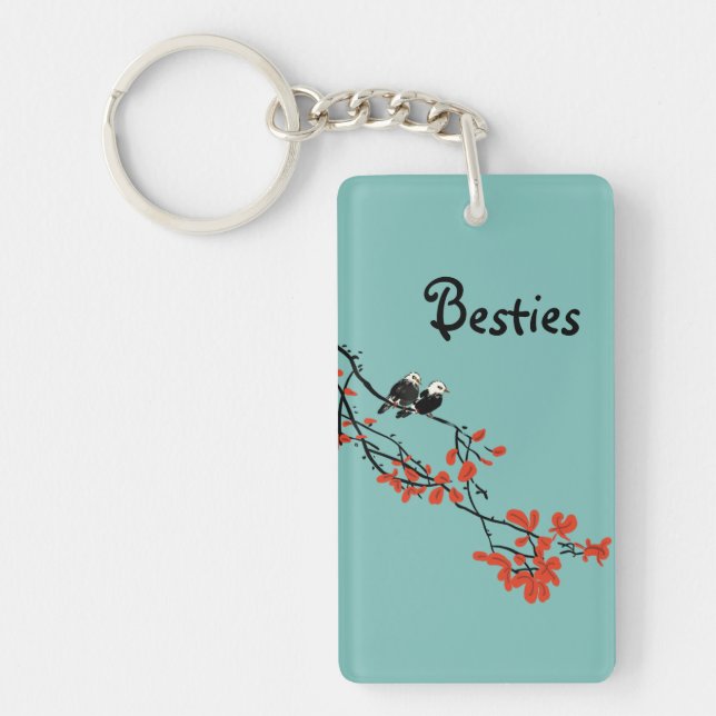 Porte-clefs Citation d'amitié Deux oiseaux Rouge Feuille Monog (Devant)