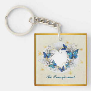 Porte-clefs Citation Transformée Cœur et Papillons Bleus