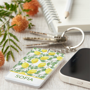Porte-clefs Citron aquarelle motif nom personnalisé jaune