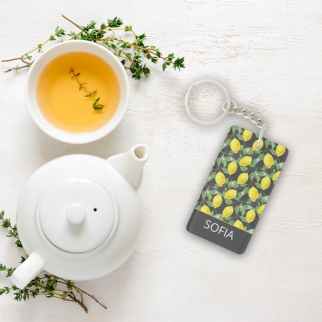 Porte-clefs Citron aquarelle motif nom personnalisé jaune gris (Créateur téléchargé)