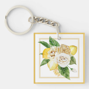 Porte-clefs Citrons et roses dans des cadres jaunes