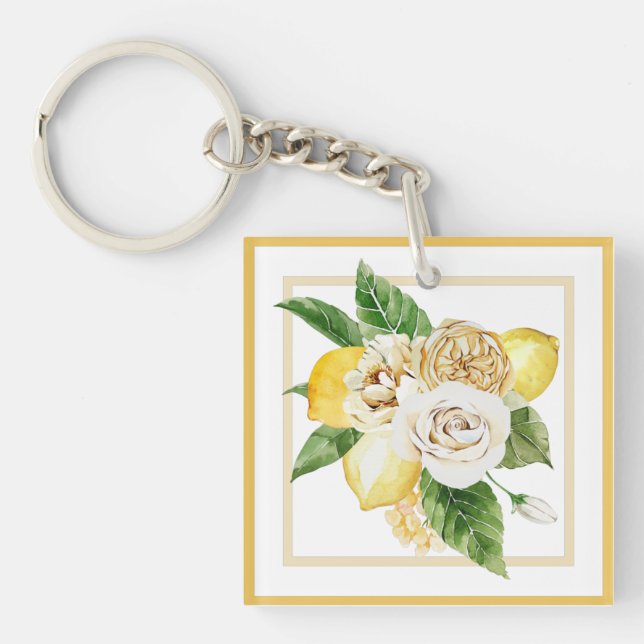 Porte-clefs Citrons et roses dans des cadres jaunes (Devant)