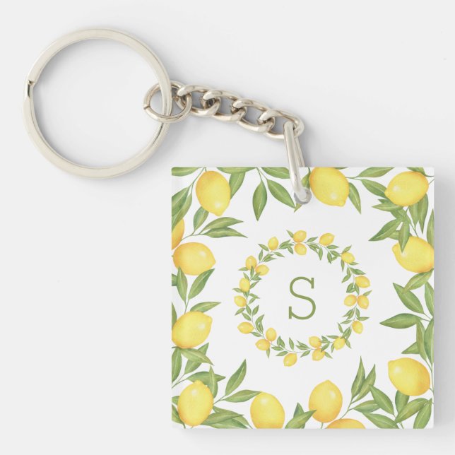 Porte-clefs Citrons Verdure Monogramme Élégant (Devant)
