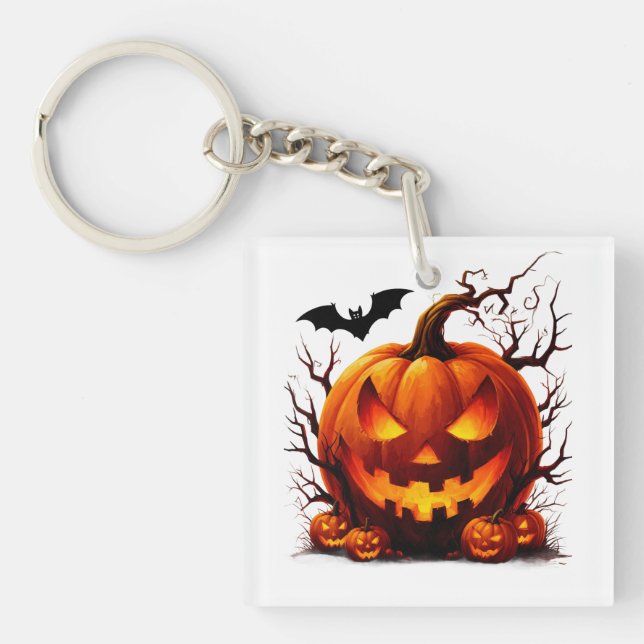 Porte-clefs Citrouille Hantée Jack O Lantern Avec Yeux Brûlant (Devant)