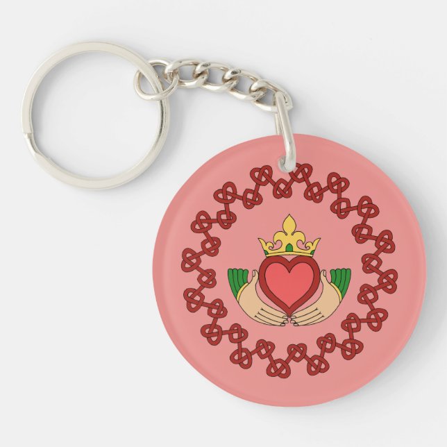 Porte-clefs Claddagh et Red Knotwork sur rose (Devant)