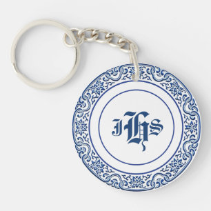 Porte-clefs Classic Retro Personnalisé Monogramme Motif Bleu