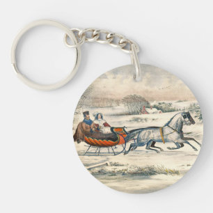 Porte-clefs Classique 1853 Traîneau Currier Ives Route Hiver