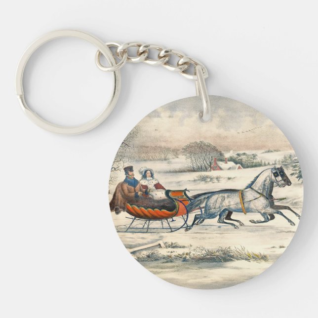 Porte-clefs Classique 1853 Traîneau Currier Ives Route Hiver (Devant)
