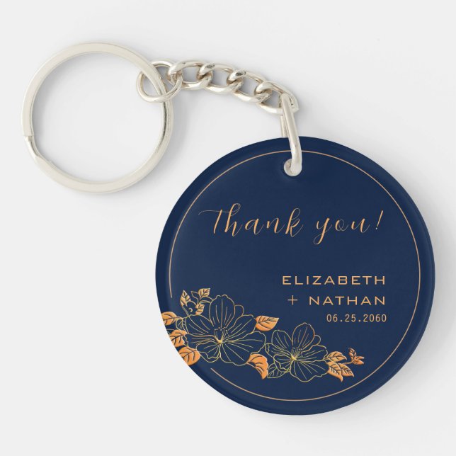 Porte-clefs Classy Gold Floral Marine Bleu Mariage Merci (Devant)