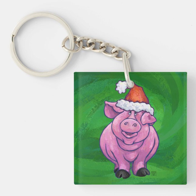 Porte-clefs Cochon de Fête à Santa Hat sur Vert (Devant)