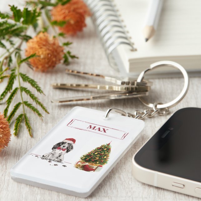Porte-clefs Cocker Spaniel Funny Chien de Noël avec arbre (Devant droit)