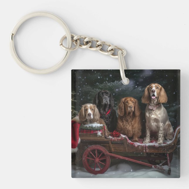 Porte-clefs Cocker Spaniel Snowy Sleigh Décor de Noël (Devant)