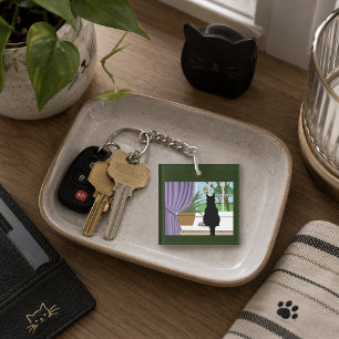 Porte-clefs Code QR Fenêtre Chat Noir Curieux Vert Humoristiqu