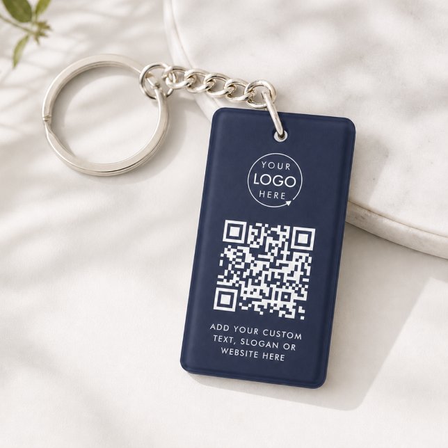 Porte-clefs Code QR | Logo d'entreprise Bleu marine profession (Versatile editable keychain template with interactive QR code & your business logo in navy blue)