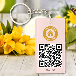 Porte-clefs Code QR personnalisé Logo Texte élégant rose pâle